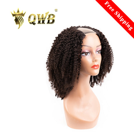 QWB Kinky Curly U Part Wig 250% Density - Main front view showing tight S-shaped kinky curly curl pattern in natural black (#1b) Brazilian virgin human hair with visible U-shaped opening (1.5x3.5 inch) at crown for natural hair blending. Extremely high 250% density creating voluminous full appearanc