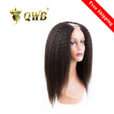 QWB Kinky Straight U Part Wig Brazilian Virgin Hair - Main view showing kinky straight texture virgin hair wig on mannequin head in natural #1b black color. Steam-processed Brazilian virgin hair with distinctive small braided/coiled pattern (NOT pin-straight flat). 1.5x3.5 inch U-part opening visibl