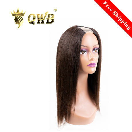 Light Yaki U Part Wig 250% Density Natural Color - Front view showing U-part shape on mannequin head with straight-yaki texture, natural black shade, side part styling. 14-inch length falls past shoulders with voluminous crown and sleek finish.