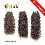 QWB Water Wave 3 Bundles With 5X5 HD Lace Closure Bundle Deals - Main front view showing three bundles of loose flowing S-shaped water wave textured hair standing vertically in deep natural black (#1b). Complete head coverage deal includes 3 bundles plus matching 5x5 inch transparent Swiss HD lace c
