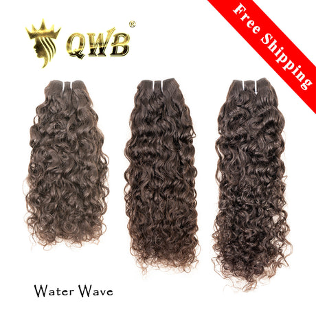 QWB Water Wave 3 Bundles With 5X5 HD Lace Closure Bundle Deals - Main front view showing three bundles of loose flowing S-shaped water wave textured hair standing vertically in deep natural black (#1b). Complete head coverage deal includes 3 bundles plus matching 5x5 inch transparent Swiss HD lace c