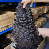 QWB Free Combination Water Wave Brazilian virgin hair bundle side profile installation demonstration showing how undulating S-curve wave pattern creates volumetric bounce and graceful downward flow when installed between natural hair sections using standard weave extension techniques including sewin